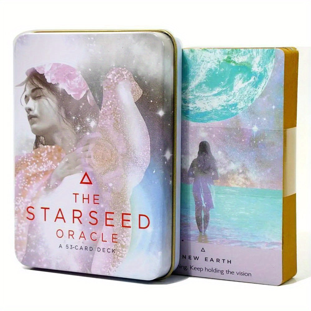 Starseed Oracle Tarotkaarten in Blikken Doos - 45-Kaartendeck met Gids en Verguld Randen, Ijzer en Papier Materiaal, Partyspellen & Activiteiten voor Leeftijden 14+, Geen Elektriciteit of Veren Vereist, Ideaal voor Waarzeggerij en Visionaire Begeleiding