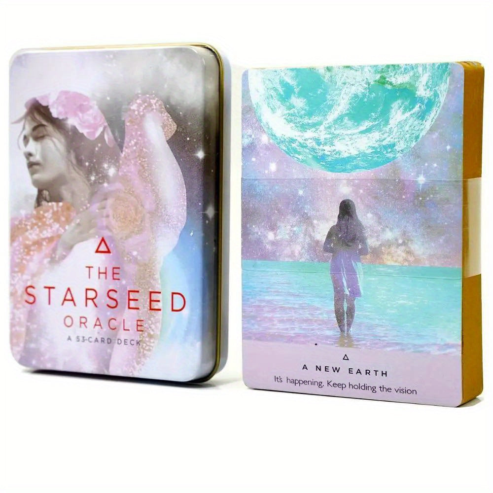 Starseed Oracle Tarotkaarten in Blikken Doos - 45-Kaartendeck met Gids en Verguld Randen, Ijzer en Papier Materiaal, Partyspellen & Activiteiten voor Leeftijden 14+, Geen Elektriciteit of Veren Vereist, Ideaal voor Waarzeggerij en Visionaire Begeleiding